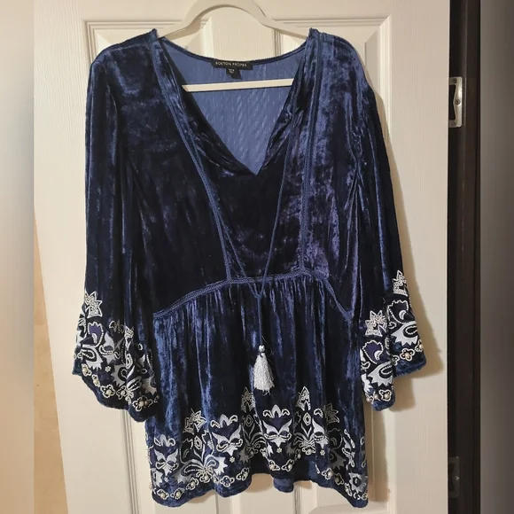 Blue Velvet Dress with Embroidered Details - Picture 5 of 8